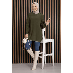 Cárdigan de Punto Acanalado Color Caqui para Mujer, Transpirable, Suave, Estilo Vintage, Casual, con Flores Bordadas en la Parte Delantera, para Otoño e Invierno - Product Image 1