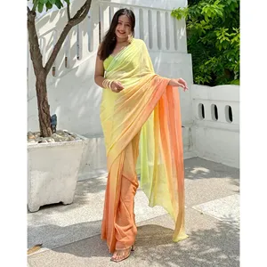 Sari Saarika Verde Arcoíris de Chifón, Estilo Fusion, Ligero y de Secado Rápido, para Fiestas y Bodas, para Mujer, Todas las Temporadas - Product Image 1