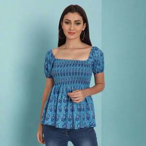 Casual Blue Cotton Half Sleeve <b>Top</b> Embroidered Vintage Design Sizes XL Spring Autumn Season Poplin <b>Linen</b> Knitted Rayon Viscose - Product Image 2
