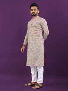 Tela Semi Lino Algodón Impreso Digital Estilo de Fiesta Kurtas para Hombres con Diseño de Tejido Botones Antiguos Hasta La Rodilla Ajuste Regular - Product Image 4
