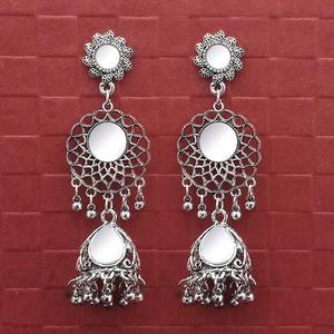 Tip Top Fashions Argent Plaqué Chaîne Miroir Jhumki Lustre Boucles D'oreilles 1314759 - Product Image 1