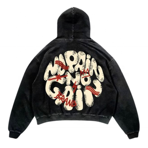 Pull à capuche en coton épais 100% pour hommes, polaire brodée vintage lavée à l'acide avec impression en relief, nouveauté pour l'hiver - Product Image 2