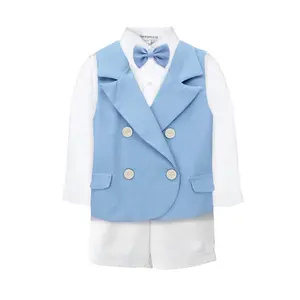 ファッショナブルな男の子セット4ピーススーツ衣装OEMODMブルーベストブルータイボウ長袖シャツショートパンツホワイト-フェリックスセット