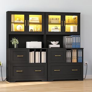 Meuble de bureau moderne en bois noir avec éclairage LED, portes vitrées, tiroir de classement latéral, bibliothèque et support d'imprimante - Product Image 2