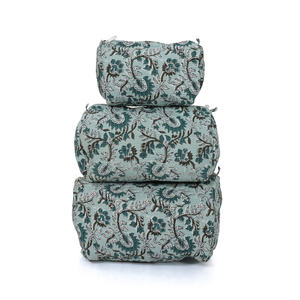 Lightweight Washable Indian Handmade Cotton Quilted Travel Cosmetic <b>Bag</b> Set of Three with Floral Design - Product Image 2