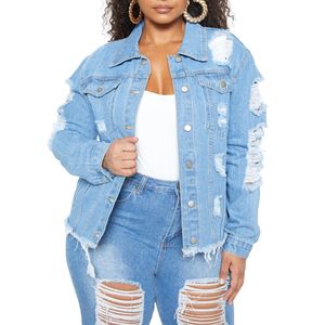 Veste en jean délavée à boutons, taille plus, style vintage, coupe extensible confortable et design déchiré tendance - Product Image 1