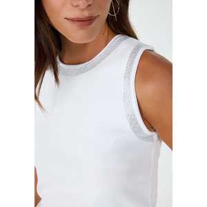 Blusa Corta Informal para Mujer, Talla XL, con Logotipo Bordado en la Parte Delantera, Cuello Redondo, Decoraciones de Lentejuelas, Encaje y Plumas, Tejido de Punto, Hombros 3D - Product Image 4