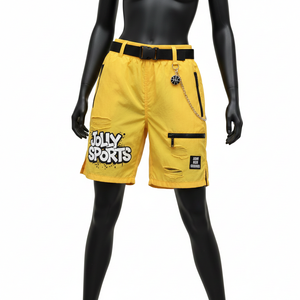 กางเกงขาสั้นผู้หญิงผ้าไนลอนผสมสแปนเด็กซ์เนื้อนุ่ม 210 GSM สีเหลืองซันไชน์ น้ำหนักเบา มีกระเป๋าซิป แต่งลายปักโลโก้ตามสั่ง - Product Image 1
