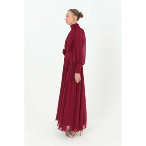 Vestido de Gasa Fucsia para Mujer Puane con Cuello Alto y Elegante Detalle de Cinturón para Uso Diario Informal y Ocasiones Especiales - Product Image 2
