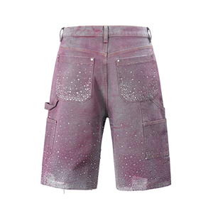 Shorts en jean baggy déchirés tendance 2025 pour hommes, toile entièrement ornée de strass, style streetwear, approvisionnement en gros - Product Image 2