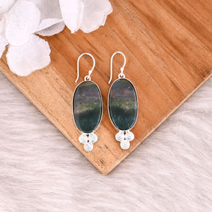 Superbe boucle d'oreille pendante en laiton plaqué argent avec pierre naturelle Agate Sanguine pour femme - Fournisseur de bijoux personnalisés - Product Image 2