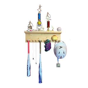 Portaoggetti da Softball/Baseball a 2 livelli a parete YEEYAYA ripiano in legno fatto a mano per 11 mazze 6 palline e Display trofeo - Product Image 4