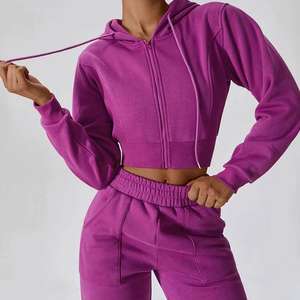 Ensemble de vêtements d'hiver pour femmes, haut court zippé avec capuche, pantalon de jogging ample à jambe droite, sweat-shirt en polaire - Product Image 3