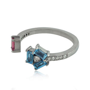 Anneau ouvert en argent oxydé fait à la main en topaze bleue, pavé de pierres précieuses 925, bijoux de mode en diamant - Product Image 4