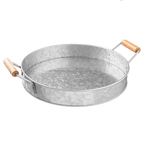 Vintage Galvanized Steel <b>Round</b> <b>Serving</b> <b>Tray</b> with Wooden Handles Classic Style Disposable Fork Included Party Use - Product Image 1