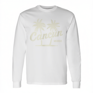 T-Shirt a Maniche Lunghe con Grafica Palme di Cancun, Messico, Stile Vintage Unisex, Collo Tondo, per Adulti, Promozionale - Product Image 3