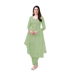 Trendmalls Ensemble de costumes Salwar en coton brodé pour femme Pantalon Kurta avec Dupatta (G103-Green) - Product Image 1