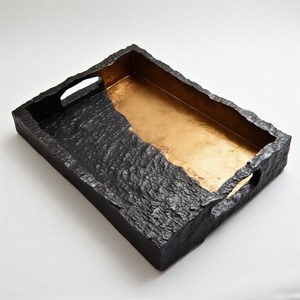 Plateau rectangulaire de luxe en fonte d'aluminium et en bois Moonlit Grace avec poignée d'accent pour les dîners et les occasions festives - Product Image 1