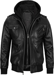 Chaqueta de cuero de motocicleta de estilo americano con capucha para hombre personalizada de alta calidad con cierre de cremallera - Product Image 4