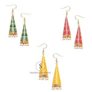 Boucles d'oreilles Jhumkas à motif triangulaire, cadeaux de fête, travail en émail avec des perles de perles pour femmes et filles, pour les mariages - Product Image 6