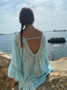 Nouvelle collection en gros bleu et blanc brodé bohème manches longues Boho dos ouvert Sexy robe courte - Product Image 3