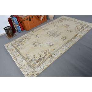 Tapis de 4,8 x 8,8 pieds, grand tapis turc vintage, tapis en laine jaune - Product Image 2