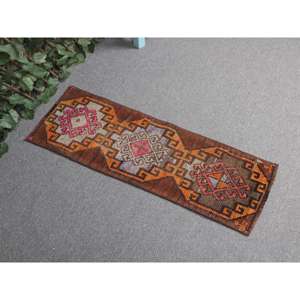 Alfombra de 1.1x3.2 pies, Alfombra Pequeña Vintage, Alfombra Floral Marrón - Product Image 1