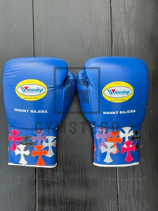 Gants de boxe bleus lacés GYMSTERO, doigts entiers, sangle de poignet réglable, poignées respirantes, cuir de vachette épais - Product Image 3