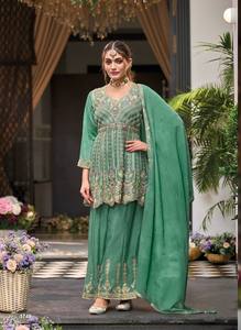 Dernière collection de tenues Sharara prêtes à porter, en chinon lourd avec broderies, pour mariage - Product Image 3