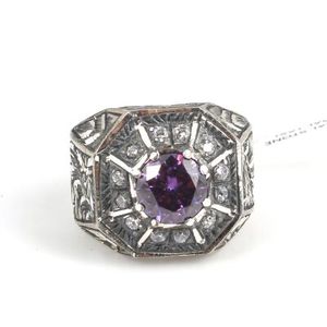 Men's 925 Sterling <b>Silver</b> Octagonal Amethyst Color Zircon Stone Ring Rhodium Plated Dainty <b>Pen</b>-Shaped for Everyday Wear - Product Image 4
