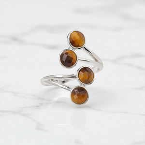 Banda ajustable de Plata de Ley 925, ajuste de bisel de piedras preciosas de ojo de tigre redondo delicado, joyería de compromiso Original para mujer - Product Image 1