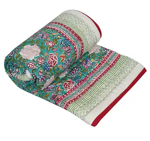 定制jaipuri传统印花双特大尺寸kantha工作床罩被子，尺寸90 x 108英寸
