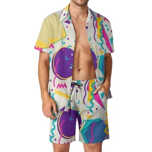 Ensemble deux pièces décontracté pour homme, chemise à manches courtes et short en tissu éponge à séchage rapide, idéal pour la plage, les vacances et les loisirs, personnalisable - Product Image 3