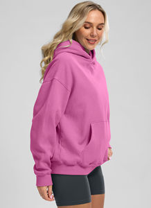 Hot Selling Women's Winter Knitted Drop Shoulder Oversized Solid <b>Pink</b> Double Hooded Pullover Long Sleeves 100% Cotton Hoodies - Product Image 2