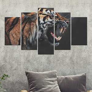 Arte de pared en lienzo de tigre rugiente: diseño impreso de depredador feroz, JUEGO DE 5 LIEÑOS VARIADOS - Product Image 1