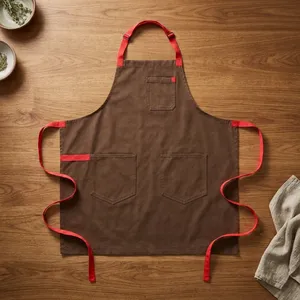 Delantal de Lona Marrón con Ribete Rojo, Cintura Ajustable, Estilo Clásico, Reutilizable, Resistente al Agua, Duradero para Limpieza - Product Image 1