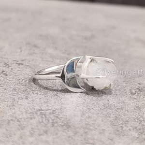 Bague pour femme en pierre de lune arc-en-ciel naturelle, pierre de naissance de juin, croissant de lune, bijoux faits à la main, bague en argent sterling 925 - Product Image 4