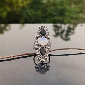 Natural <b>Garnet</b> Rhodium Plated Handmade 925 Sterling <b>Silver</b> Religious Long Boho Statement <b>Ring</b> Wedding Gift for Her - Product Image 2