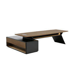Modern Brown Wood <b>L</b>-<b>Shaped</b> Executive <b>Desk</b> with Built-In Power Outlet Rounded Edges 1-Year Warranty - Product Image 1