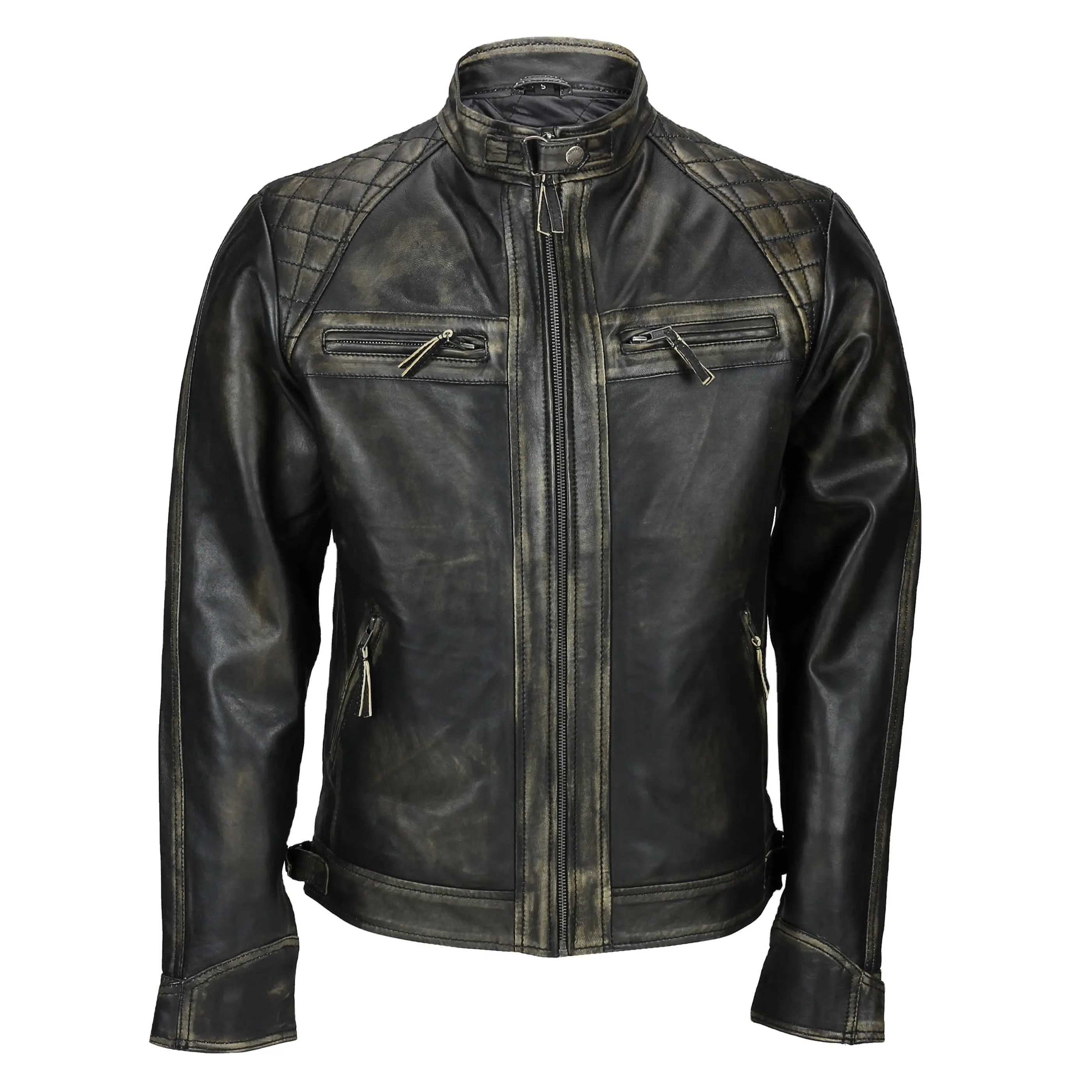 Custom Design Urban Black Leather Jacket da uomo traspirante trapuntato a spalla con tasche Zip cappotto in pelle