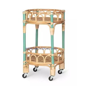 Carrito de mimbre de forma redonda hecho a mano, tamaño grande, 2 niveles, carrito de muebles para hoteles y restaurantes, carrito para proveedor mayorista - Product Image 1