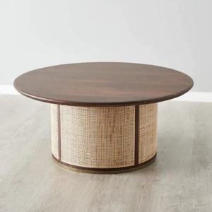 Table centrale moderne ronde en rotin pour la maison, le salon et le bureau Table basse décorative en bois de manguier avec finition noyer - Product Image 3