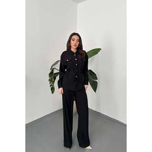 Black Button Detailed Shirt And Ribbed <b>Trousers</b> - Black - Product Image 2