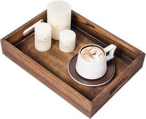 Rustic Solid Wood <b>Storage</b> <b>Tray</b> With Built In Side Handles Durable Deep Design Perfect For Kitchen Dining Coffee Table Use - Product Image 4