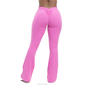 Logo personnalisé taille haute jambe large V dos forme Yoga pantalon de sport grande taille bout à bout pantalon évasé motif solide Leggings pour femmes - Product Image 4