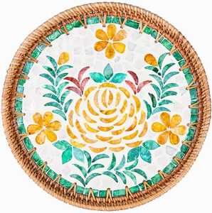 Bandeja de Servicio de Ratán con Detalles de Nácar, Decoración para Mesa de Centro, Bandejas Redondas Tejidas de Alta Calidad Estilo Boho - Product Image 3