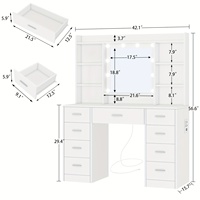 Coiffeuse OEM avec miroir LED 3 couleurs à luminosité réglable, 9 tiroirs et 7 étagères, idéale pour petits espaces