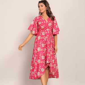 Fait à la main une pièce Midi rose et blanc motif Angrakha robe mi-longue femmes mode 2025 robe longue pour femmes manches longues concepteur - Product Image 1