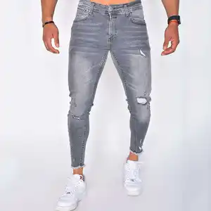 2024 Nieuwste Custom Print Hiphop Stijl Jongens Denim Nieuwe Heren Denim Broek Licht Grijs Heren Gescheurde Skinny Jeans Broek Voor Heren