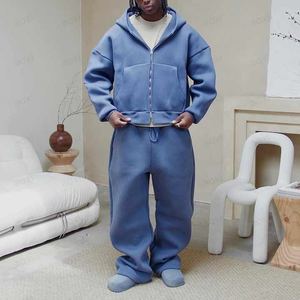 Chándal de neopreno de gran tamaño personalizado para hombre, ropa de calle, conjuntos de pantalones de chándal holgados de algodón tejido con cremallera para hombre, ropa de calle personalizada - Product Image 4